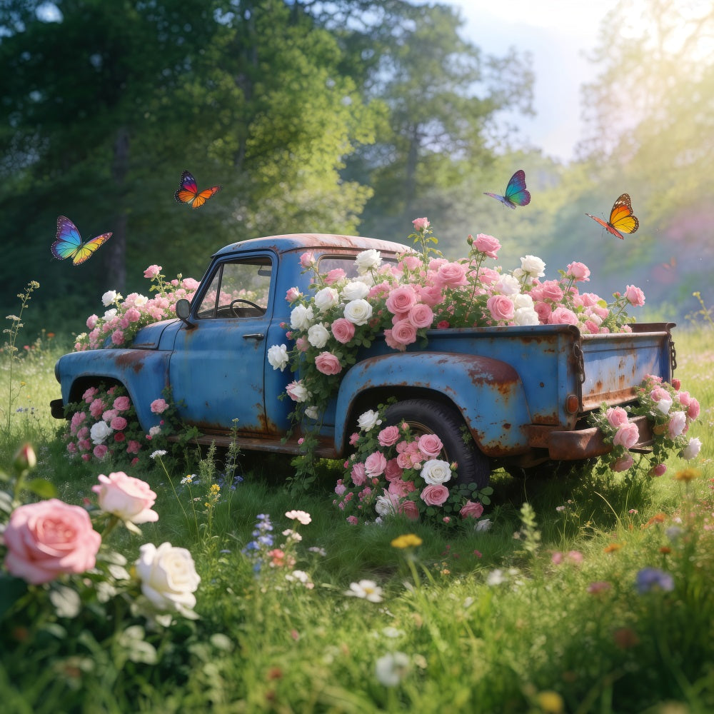 Fond Photo Fleurs Sauvages Camion Bleu Vintage Prairie De Roses RR62-31