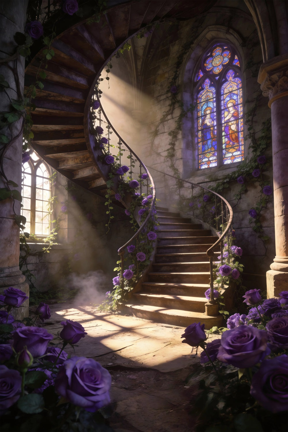 Fond Studio Fleurs de Printemps Escalier En Spirale Roses Violettes RR62-50