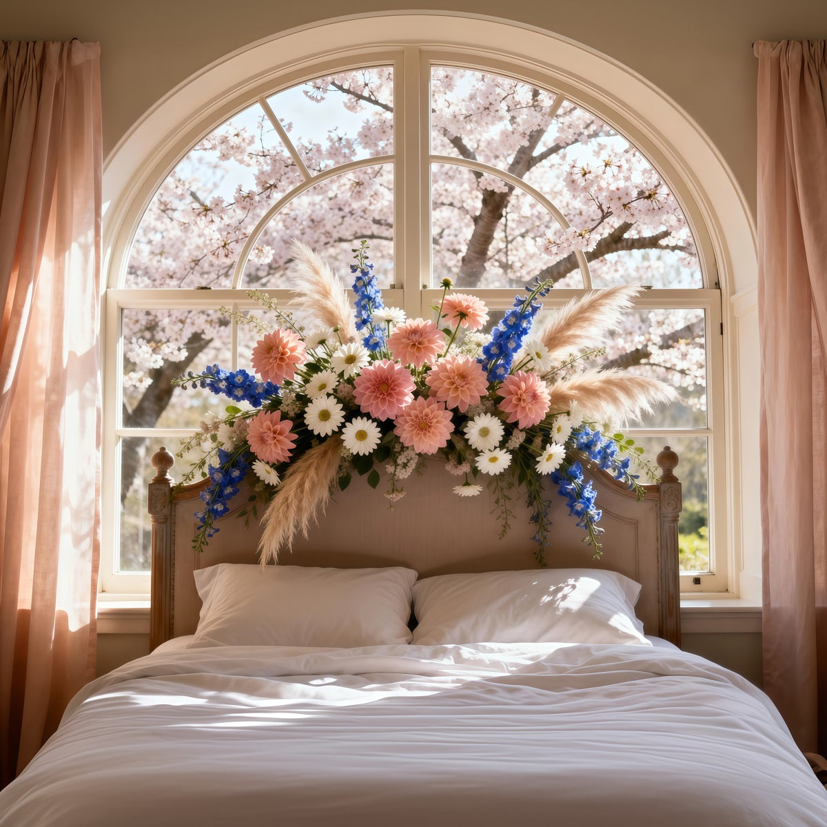 Fond Studio Boudoir Lit Fenêtre Fleurie Ensoleillée RR62-55
