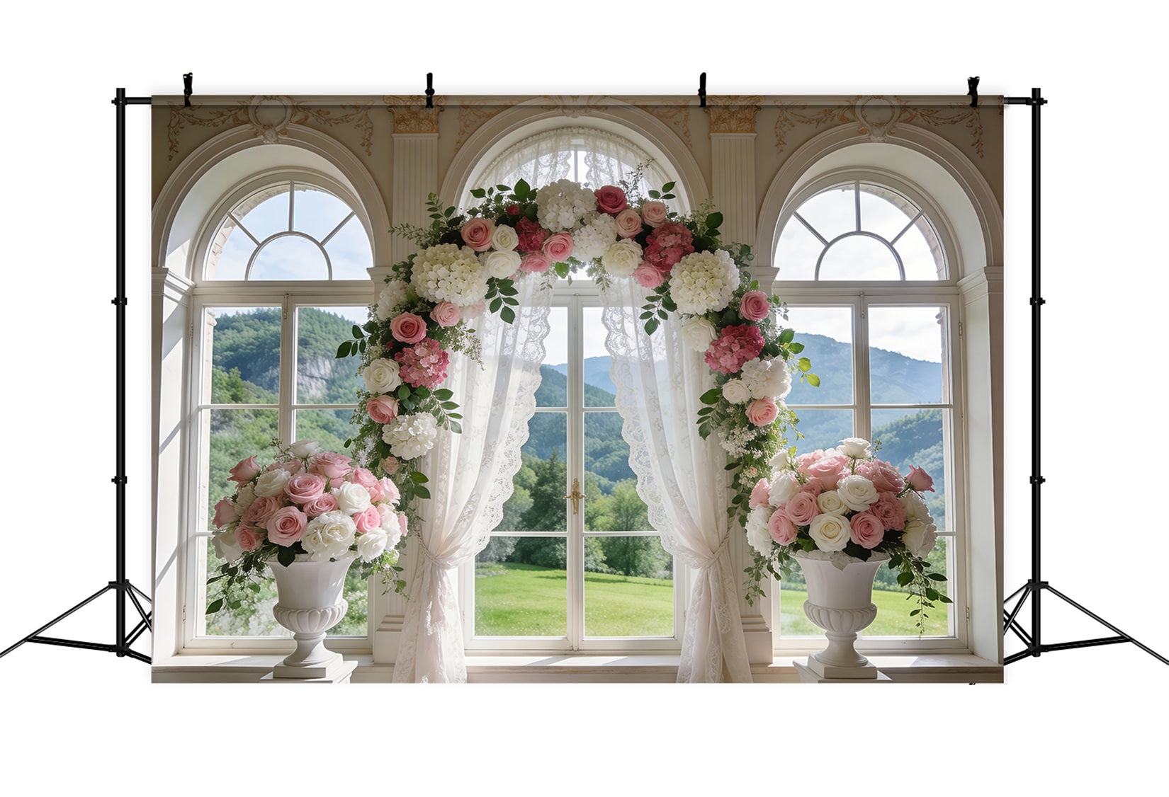 Fond Studio Mariage Printanier Fenêtre Classique Arche Roses Rideaux RR62-6