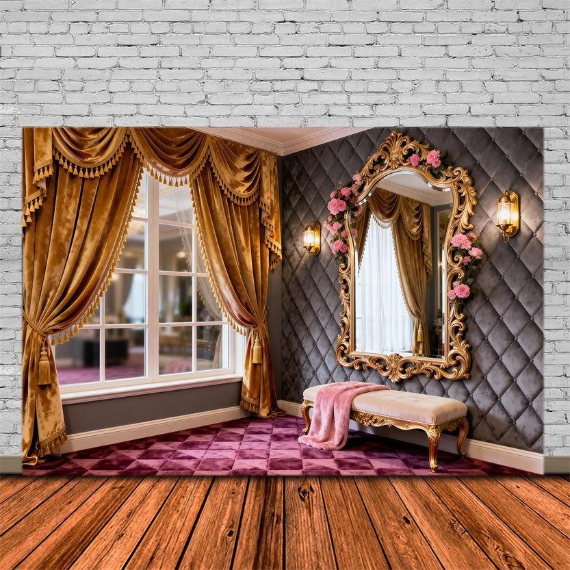 Toile de fond Studio Boudoir Coiffeuse Fenêtre Dorée Miroir Rose RR62-78