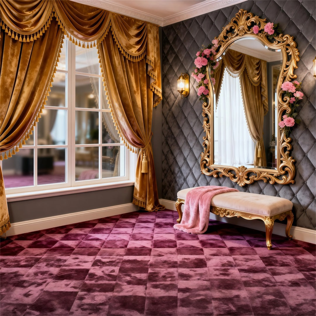 Toile de fond Studio Boudoir Coiffeuse Fenêtre Dorée Miroir Rose RR62-78