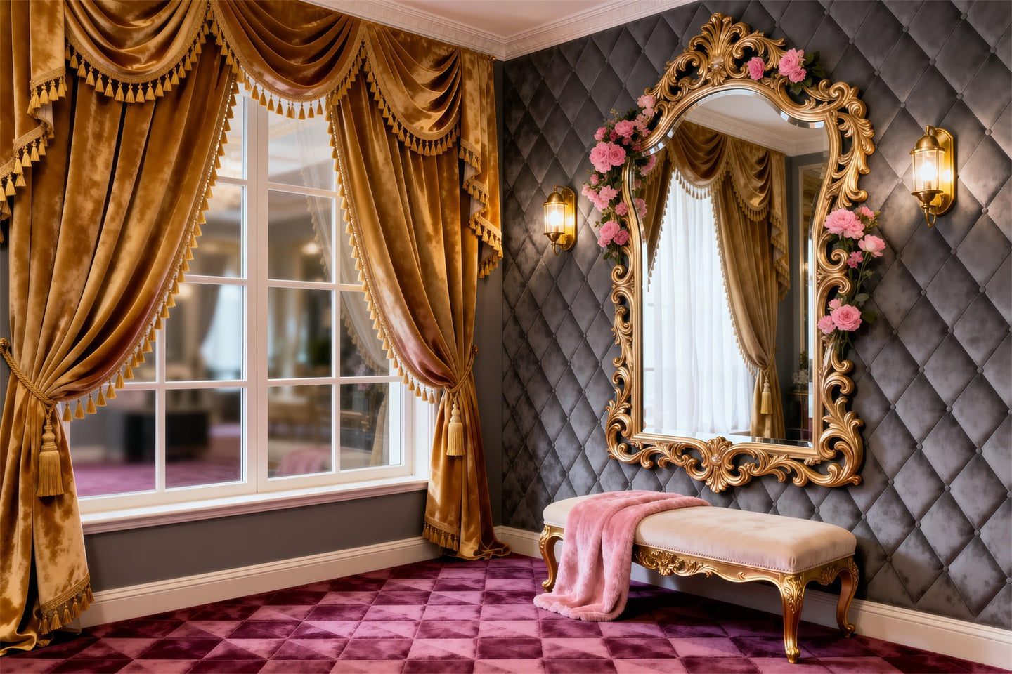 Toile de fond Studio Boudoir Coiffeuse Fenêtre Dorée Miroir Rose RR62-78