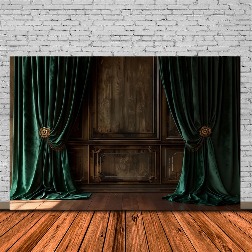 Fond Studio Boudoir Mur Bois Drapé Velours Émeraude RR62-85