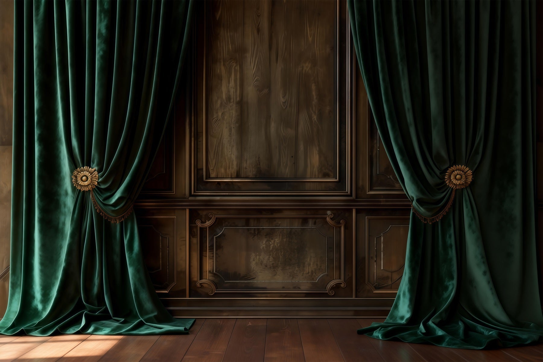 Fond Studio Boudoir Mur Bois Drapé Velours Émeraude RR62-85