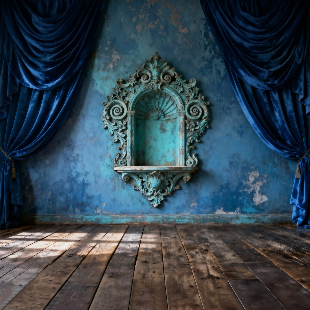 Fond Photo Boudoir Draperie Murale Baroque Sarcelle Antique RR62-87