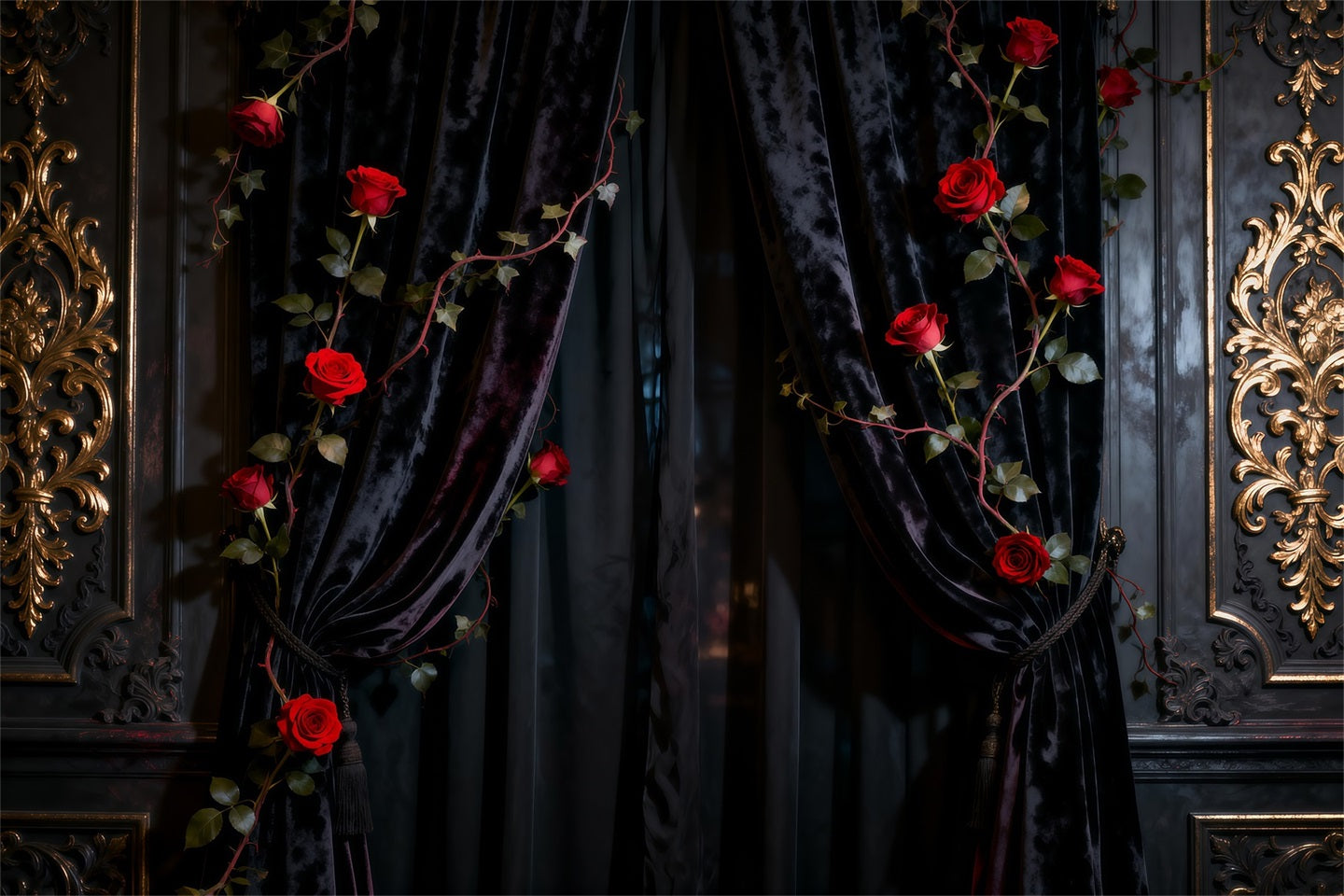 Fond Photo Boudoir Mur Rideau Velours Noir Roses RR62-92