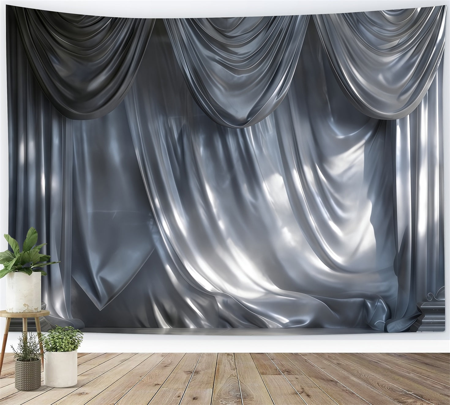 Toile de fond Photo Boudoir Draperie Satin Argenté Cascade RR62-94
