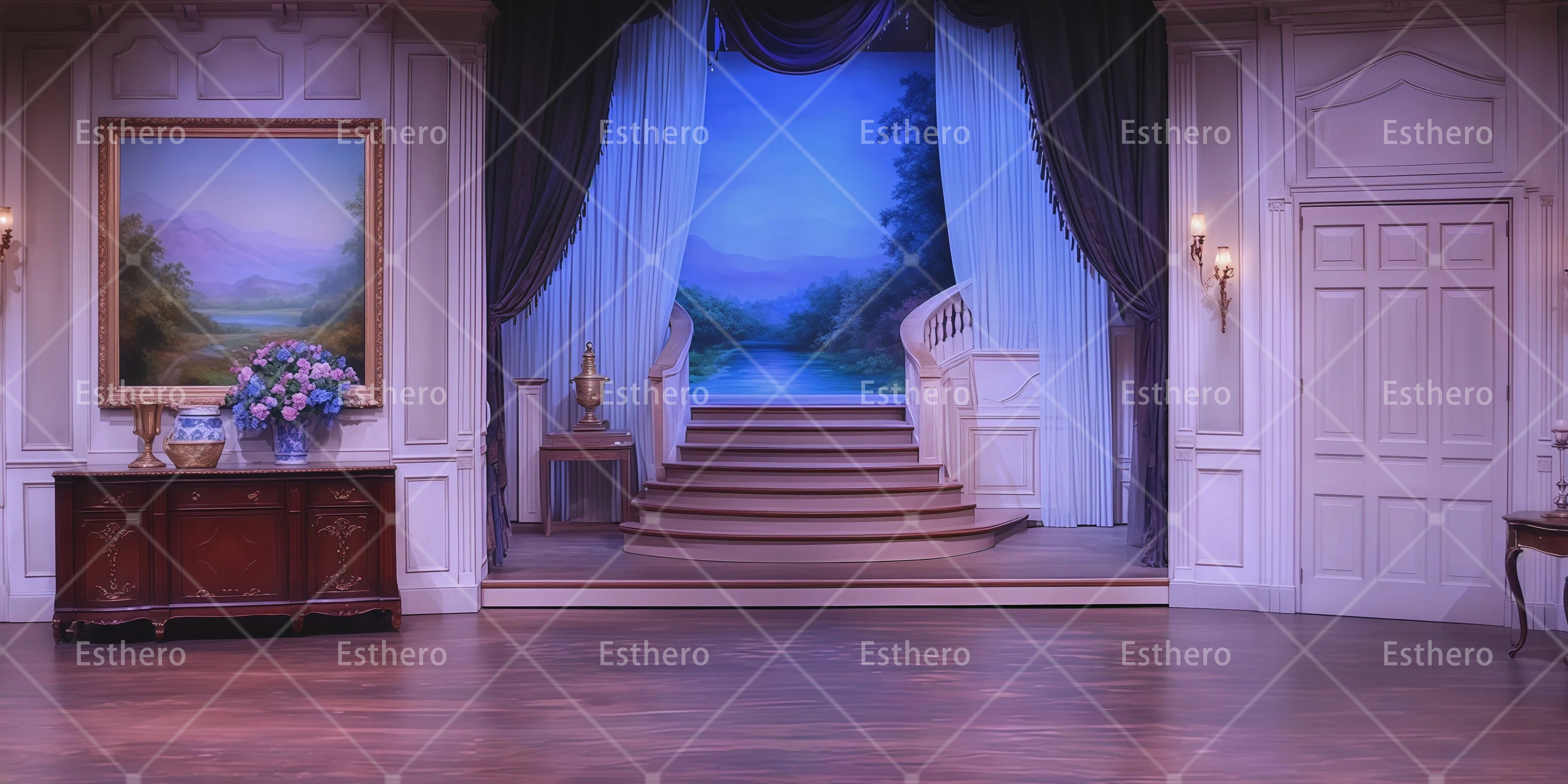 Grande Toile de Fond Salon avec Escalier Bleu RR66-T45