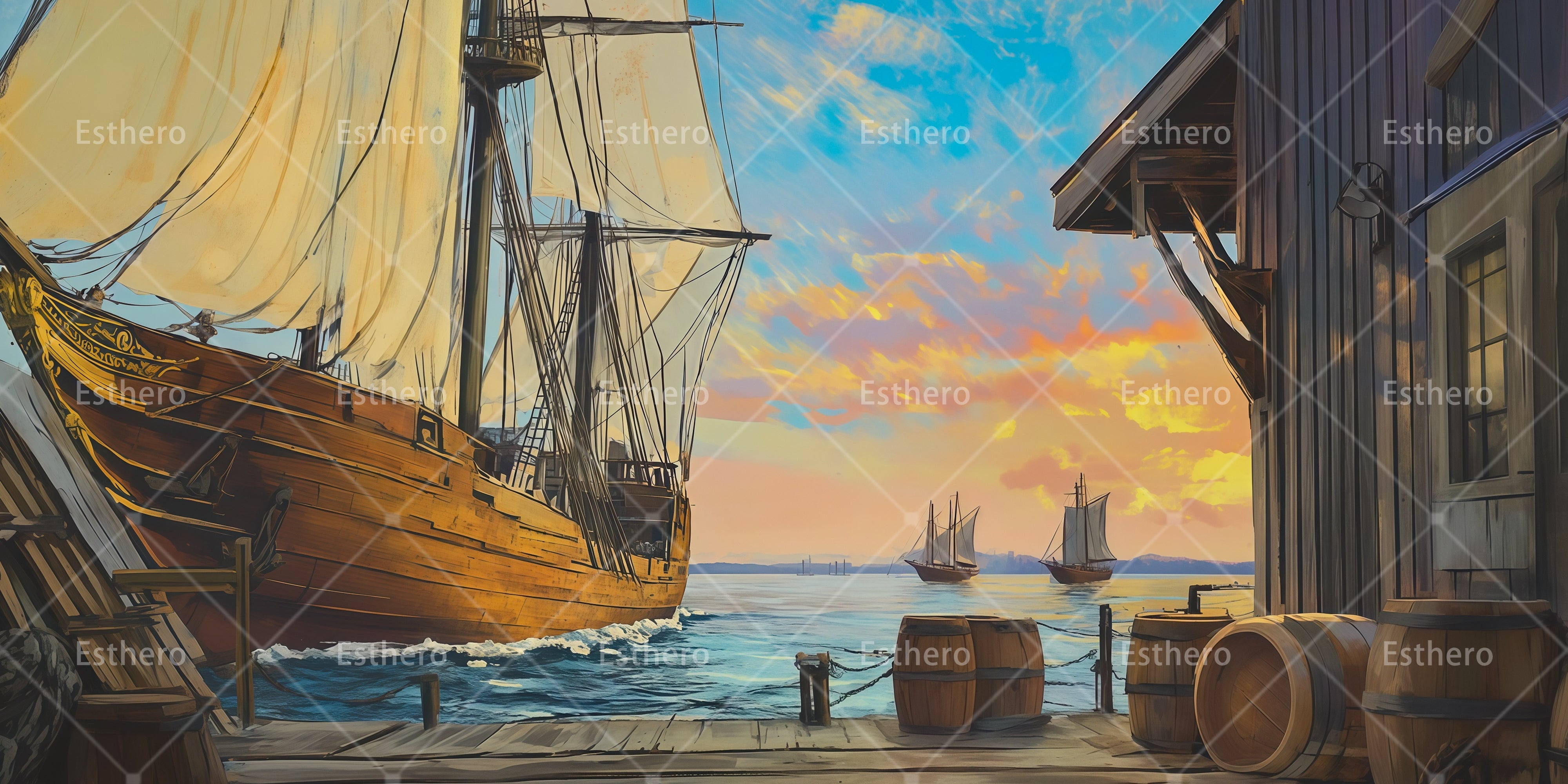 Décor théâtral quai maritime et embarcadère océanique RR66-T73