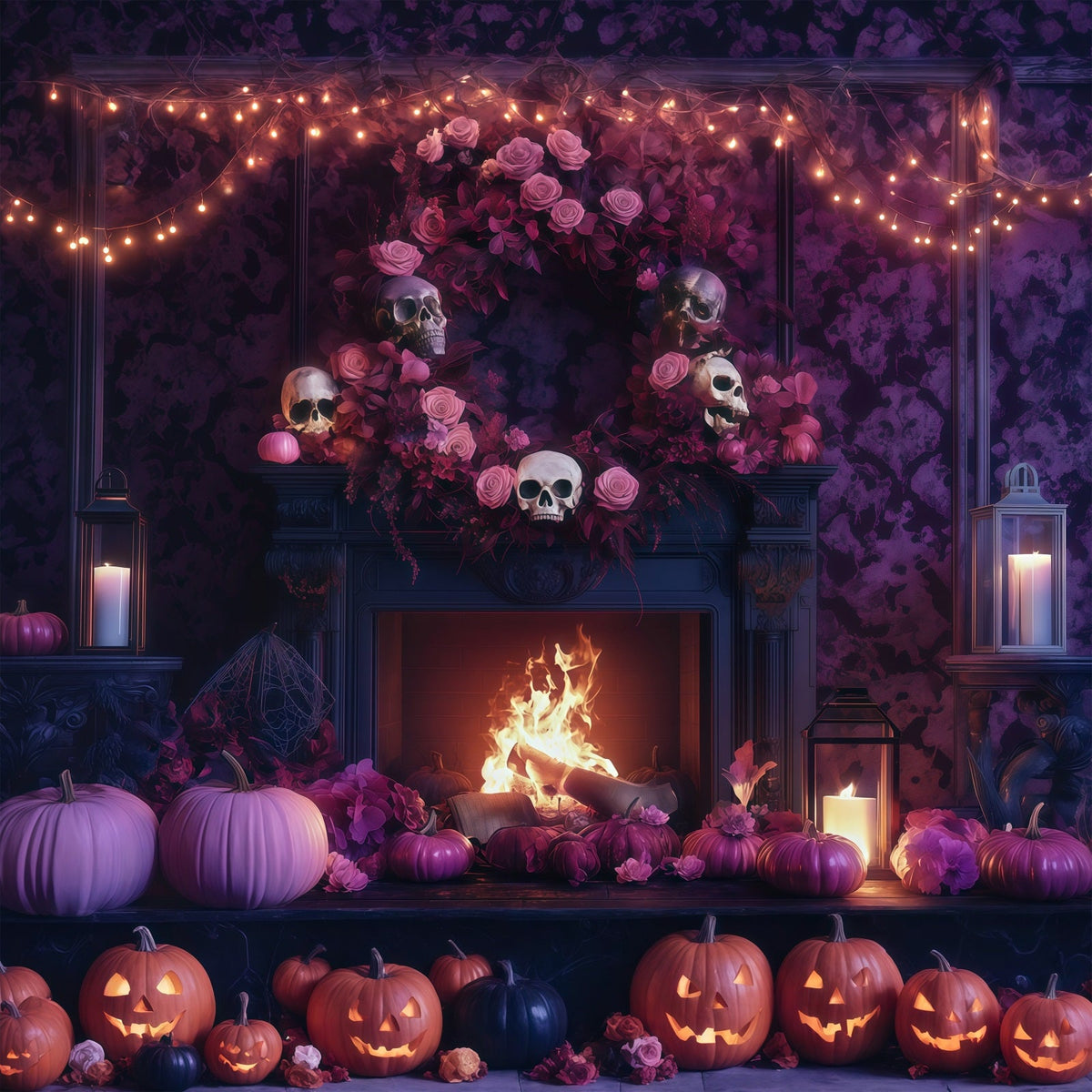 Décor De Cheminée À Thème Halloween Avec Crâne Et Rose RR67-104