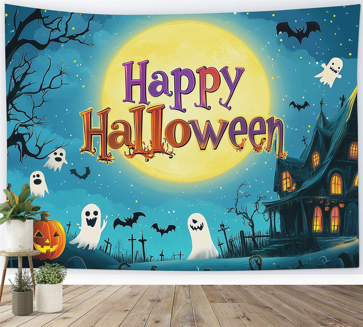 Décor De Fête D'Halloween Maison Hantée Avec Lune De Dessin AniméDécor De Photomaton D'Halloween RR67-107