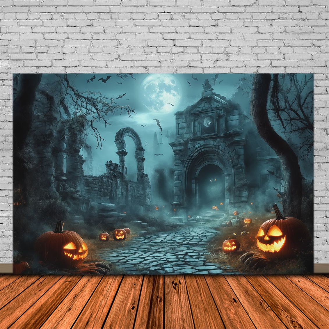 Décor Extérieur D'Halloween Pour Photos Ruines Au Clair De Lune Chemin De Citrouilles RR67-111