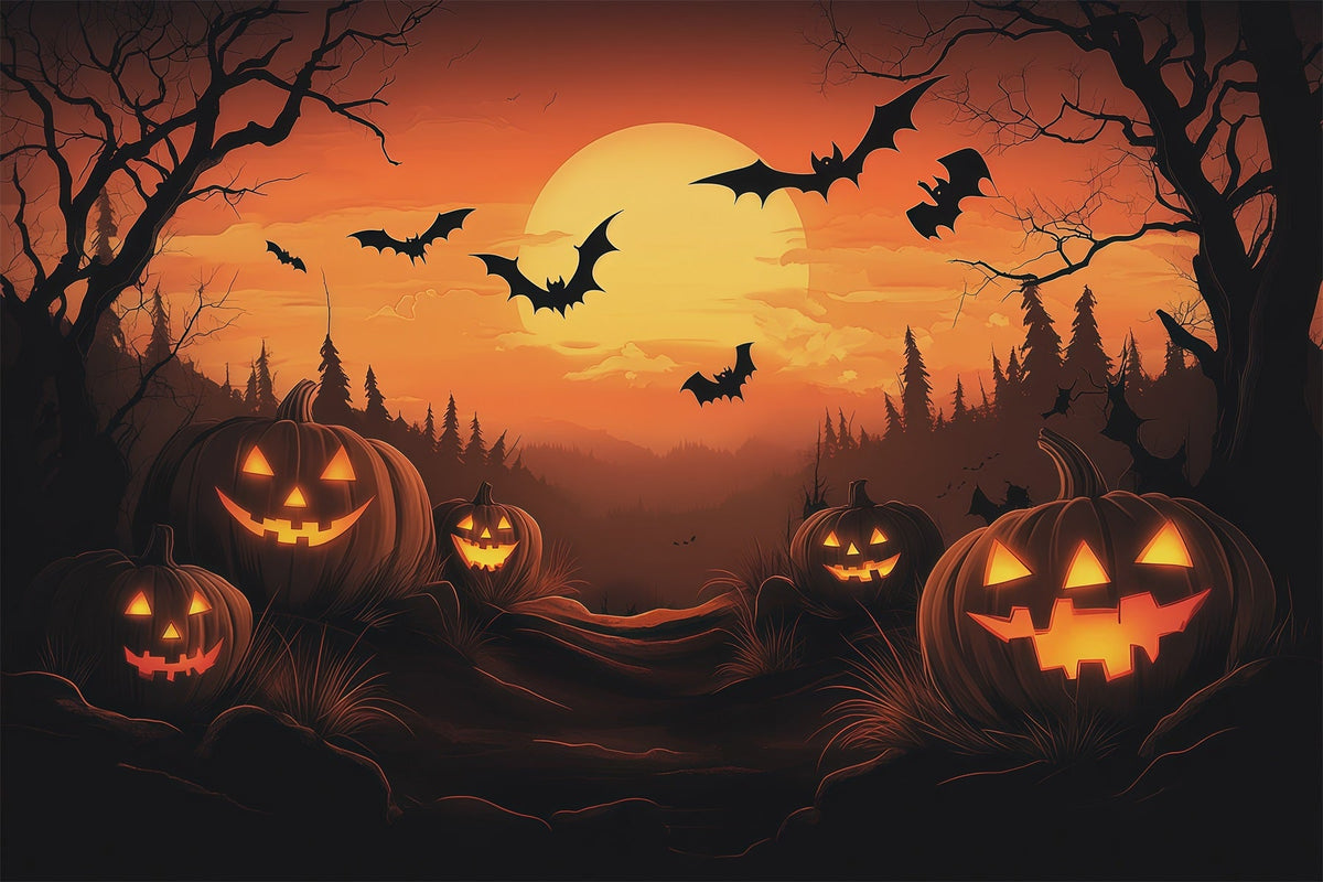 Idées De Décors Pour Photomaton D'Halloween Coucher De Soleil Citrouille Forêt De Chauves-Souris RR67-115