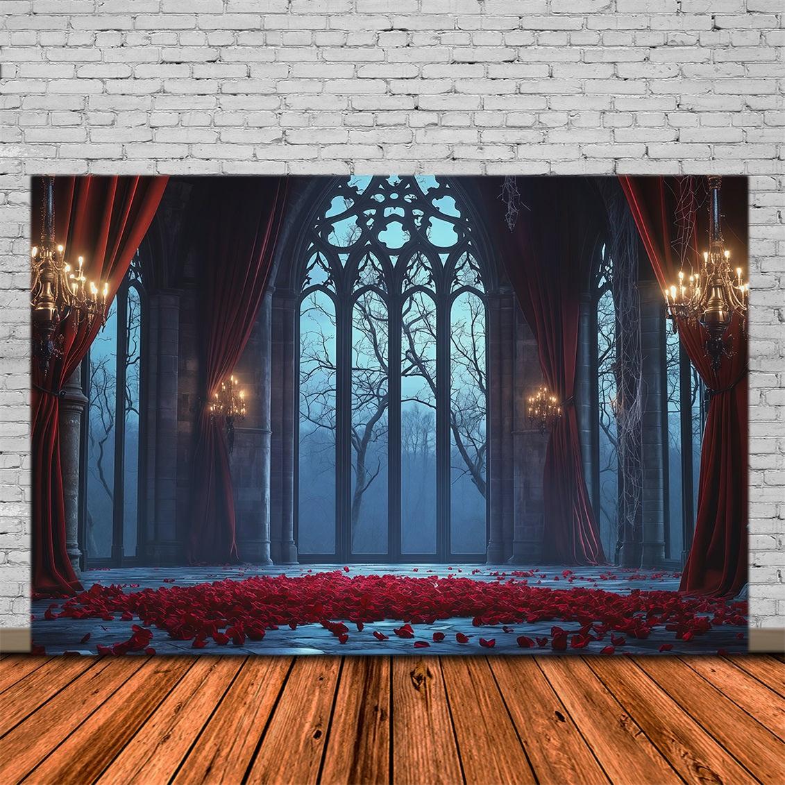 Décor De Château D'Halloween Grande Salle Avec Fenêtre En Rosace Gothique RR67-116