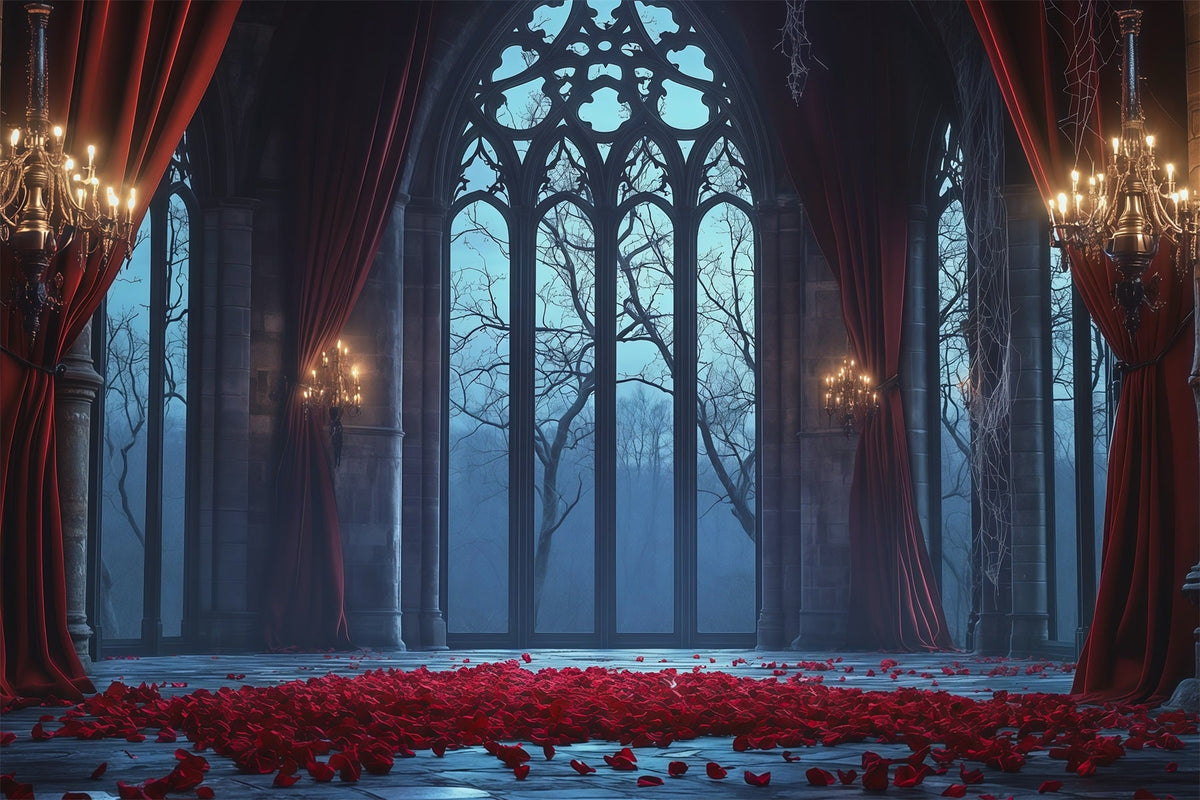 Décor De Château D'Halloween Grande Salle Avec Fenêtre En Rosace Gothique RR67-116