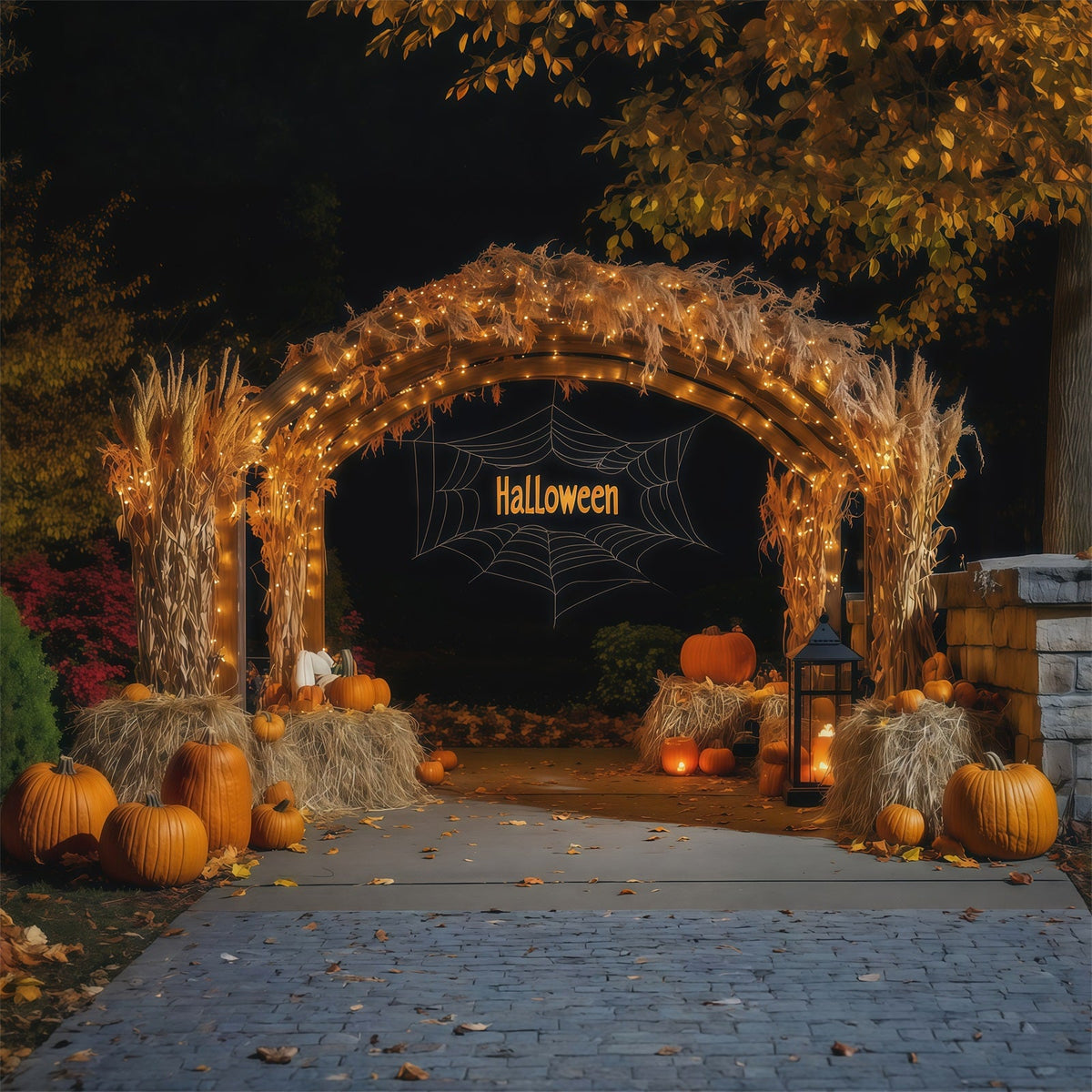 Décor D'Halloween AutomnalA rche De Citrouilles Et Foin De Récolte Décors Effrayants Pour Halloween RR67-117