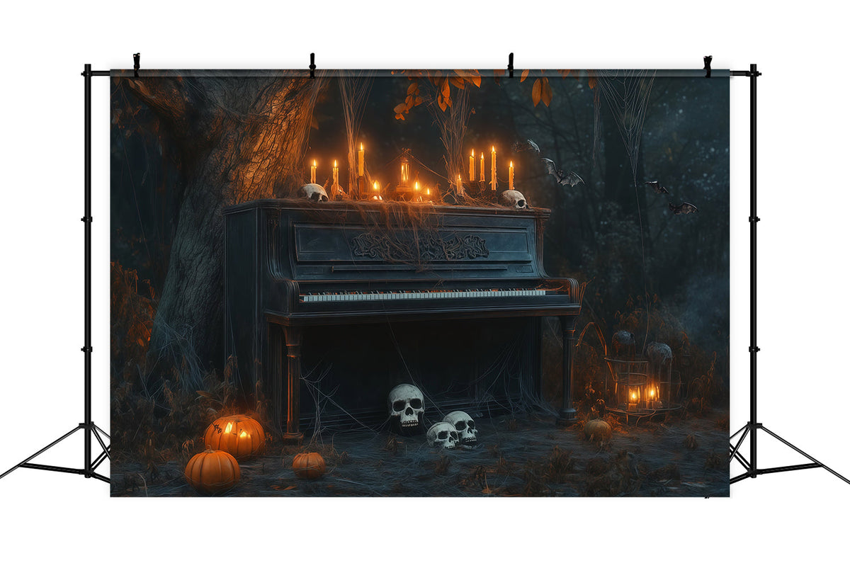 Décor De Cimetière D'Halloween Avec Piano Éclairé Aux Chandelles Forêt De Crânes Et Photomaton RR67-122
