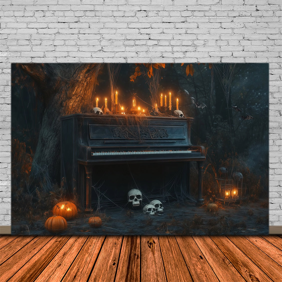 Décor De Cimetière D'Halloween Avec Piano Éclairé Aux Chandelles Forêt De Crânes Et Photomaton RR67-122