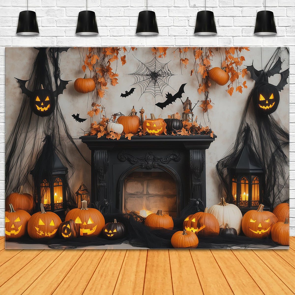 Décor De Fond Pour Photomaton D'Halloween CitrouilleChauve-Souris Cheminée RR67-133