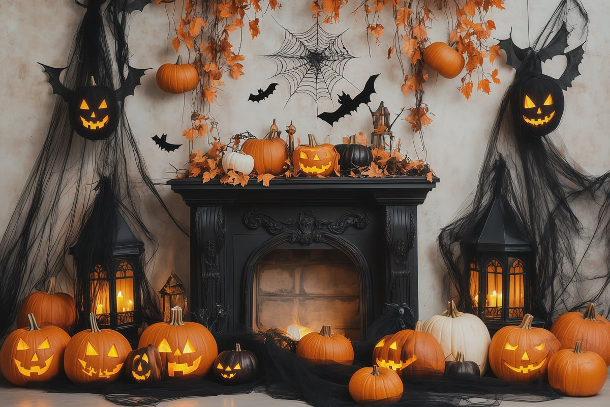 Décor De Fond Pour Photomaton D'Halloween CitrouilleChauve-Souris Cheminée RR67-133