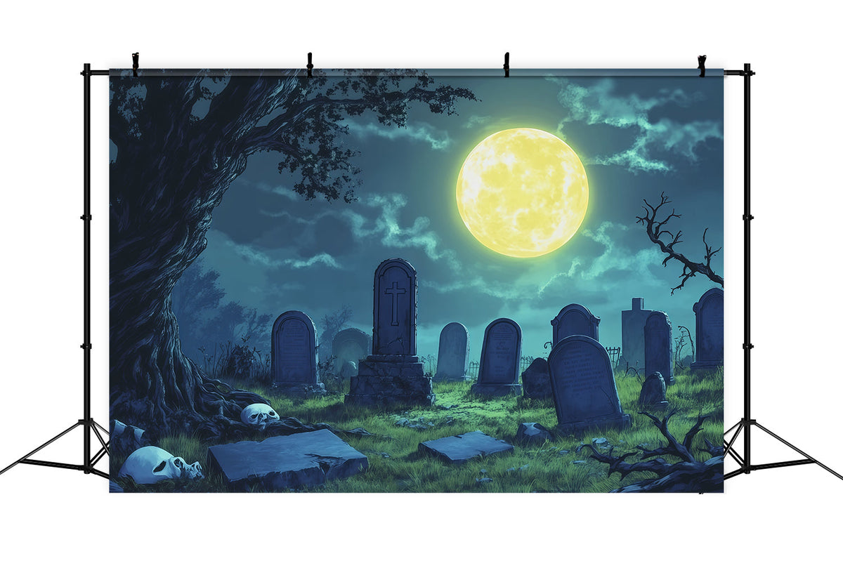 Décor De Fond En Tissu Pour Halloween Clairière Au Clair De Lune Avec Crâne Et Cimetière RR67-142