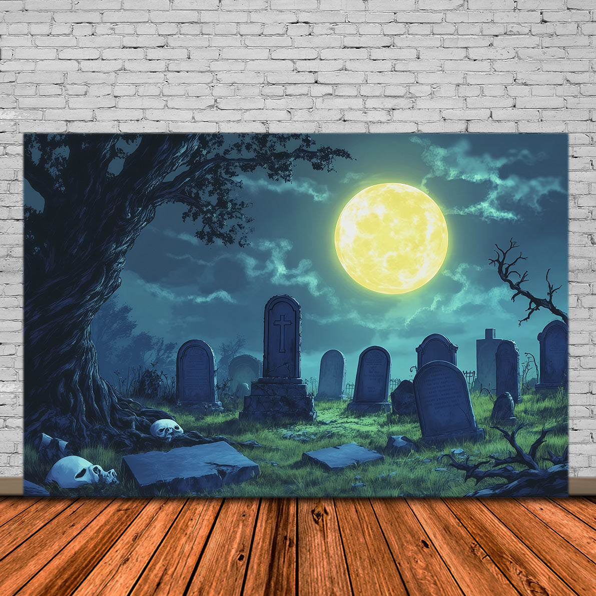 Décor De Fond En Tissu Pour Halloween Clairière Au Clair De Lune Avec Crâne Et Cimetière RR67-142