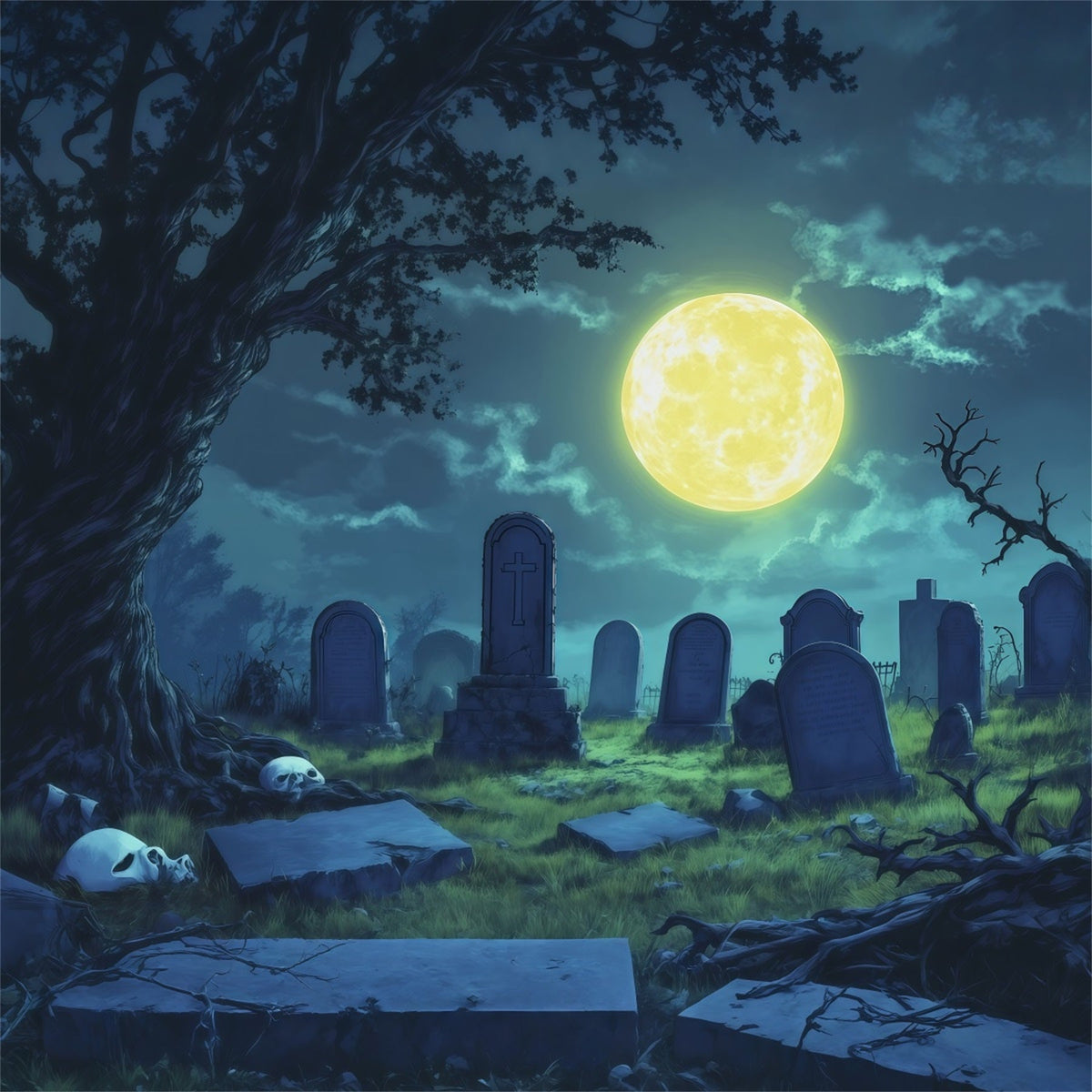 Décor De Fond En Tissu Pour Halloween Clairière Au Clair De Lune Avec Crâne Et Cimetière RR67-142