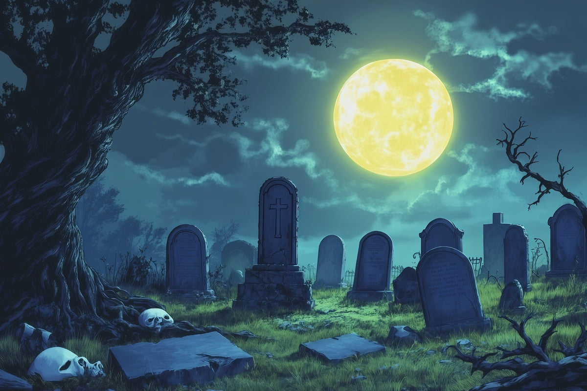 Décor De Fond En Tissu Pour Halloween Clairière Au Clair De Lune Avec Crâne Et Cimetière RR67-142