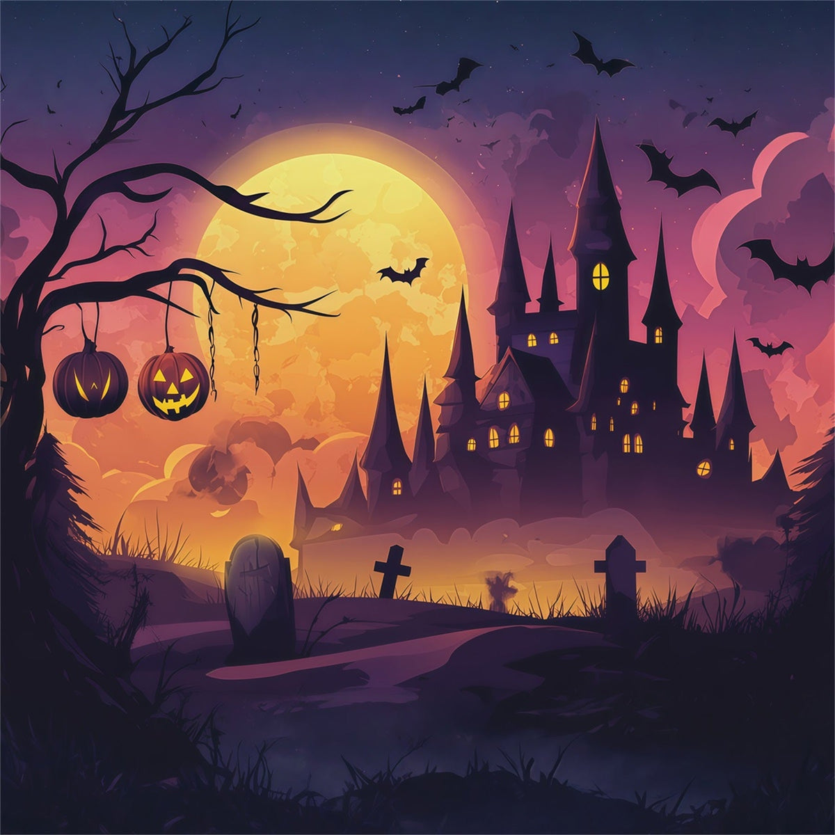 Décor D'Halloween Simple Clair De Lune Citrouille Château CimetièreTrès Grand Décor D'Halloween RR67-147