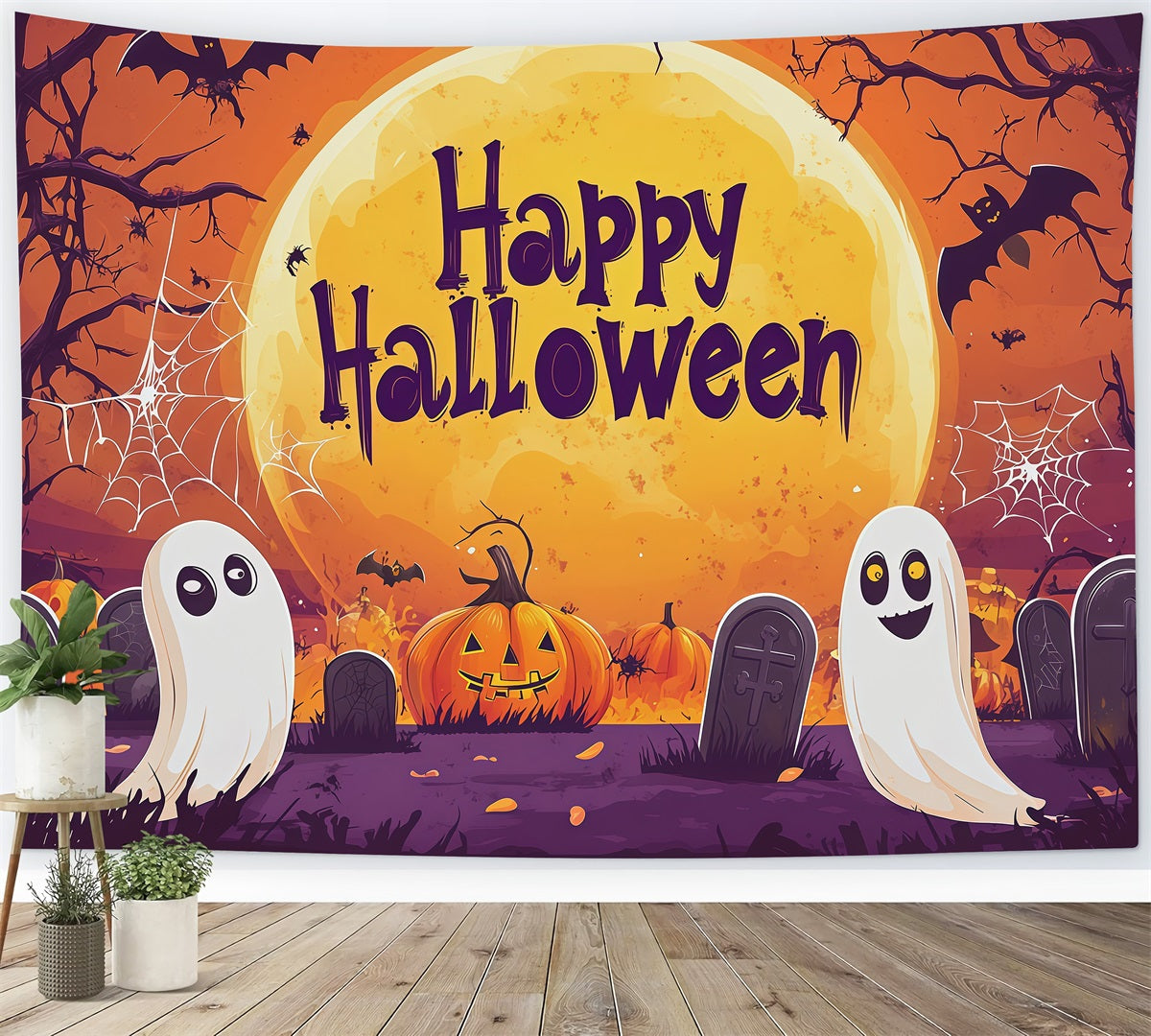 Décor Photo D'Halloween Au Clair De Lune Cimetière De Citrouilles Fantômes Décor Pour Fête D'Halloween RR67-159