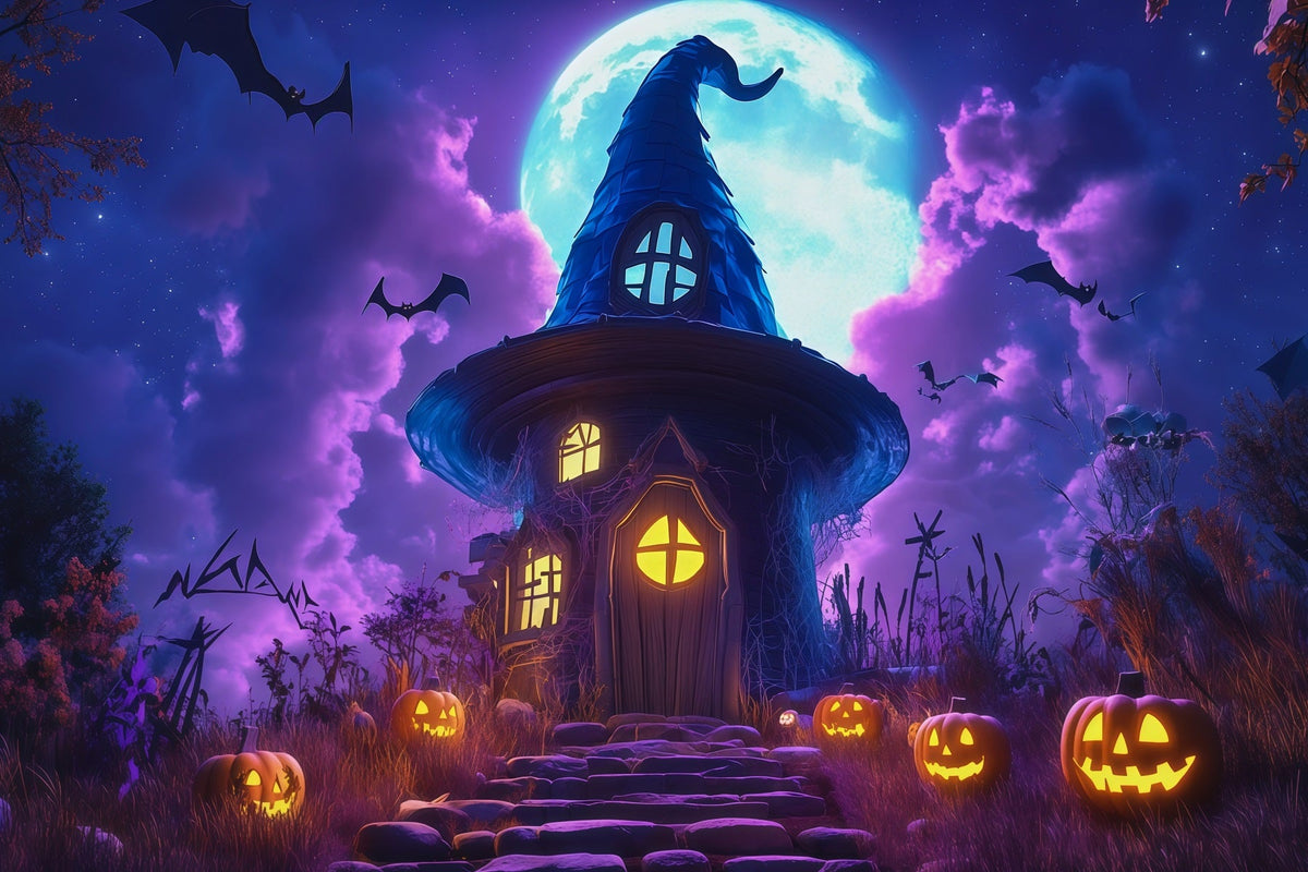 Décor De Château D'Halloween Maison De Sorcière Au Clair De Lune Citrouilles Grand Décor D'Halloween RR67-16