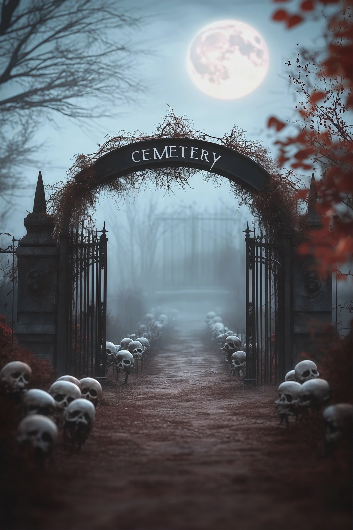 Décor Extérieur D'Halloween Pour Photos Entrée De Cimetière Avec Crâne Brumeux RR67-160