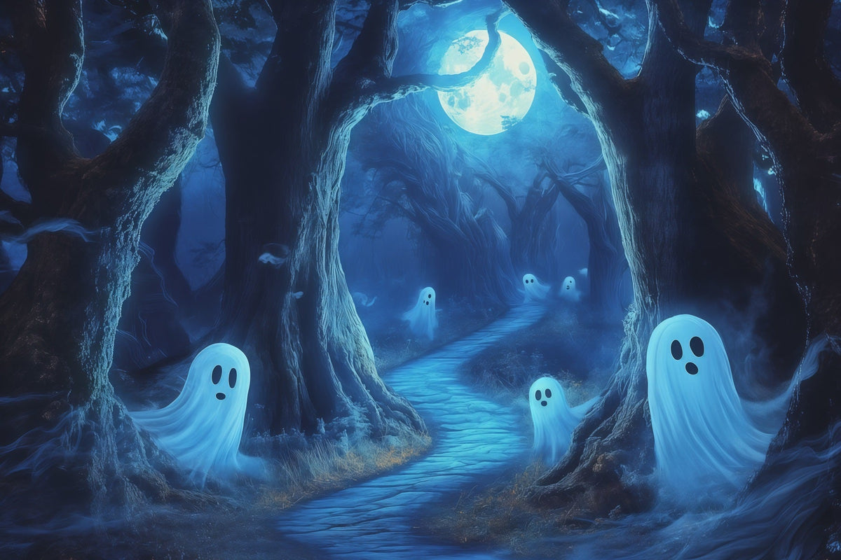 Tapisserie Décorative Fantôme Chemin Forestier Au Clair De Lune Très Grande Toile De Fond Pour Halloween RR67-162