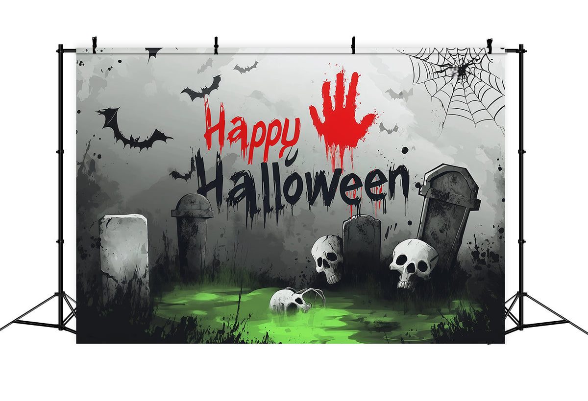 Fond Photo De Cimetière Avec Empreinte De Main Ensanglantée Et Crâne Pour Fête D'Halloween RR67-168