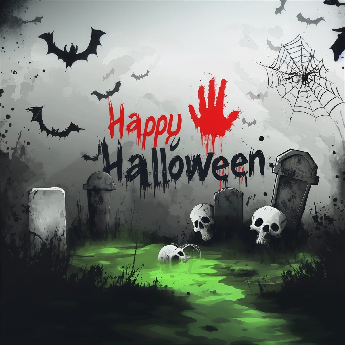 Fond Photo De Cimetière Avec Empreinte De Main Ensanglantée Et Crâne Pour Fête D'Halloween RR67-168