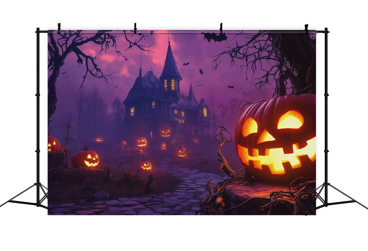 Fond De CitrouillesCiel VioletManoir HantéPhoto D'Halloween RR67-176