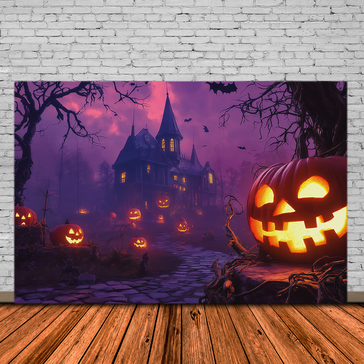Fond De CitrouillesCiel VioletManoir HantéPhoto D'Halloween RR67-176