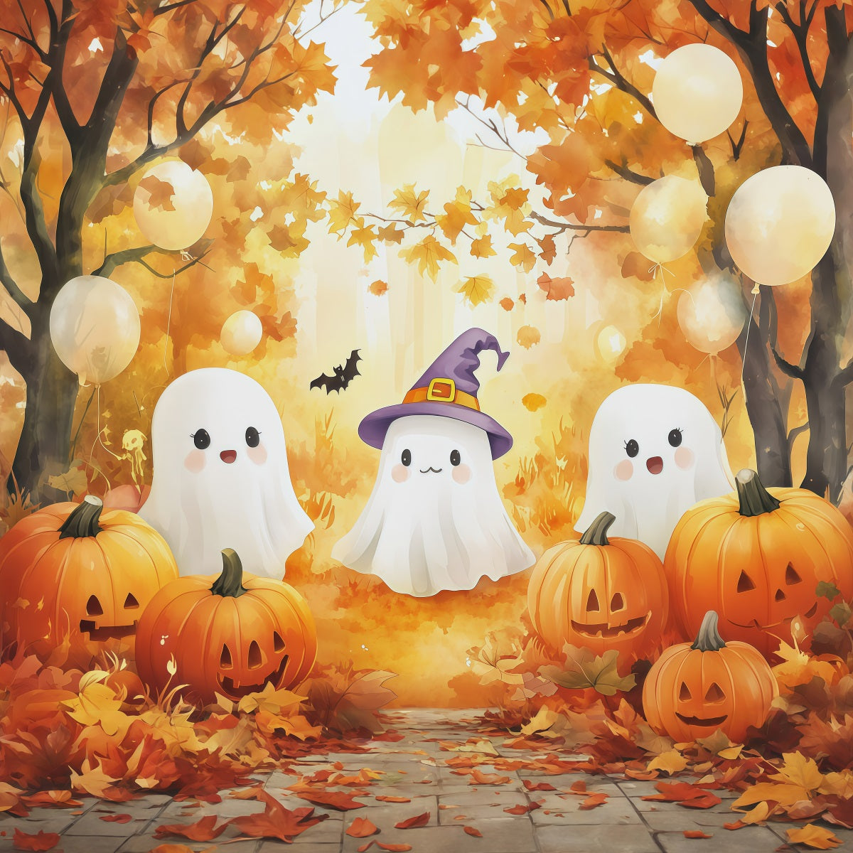 Fond Photo Champ De Citrouilles Fête D'Automne Et FantômesDécor Photo Mignon Pour Halloween RR67-178