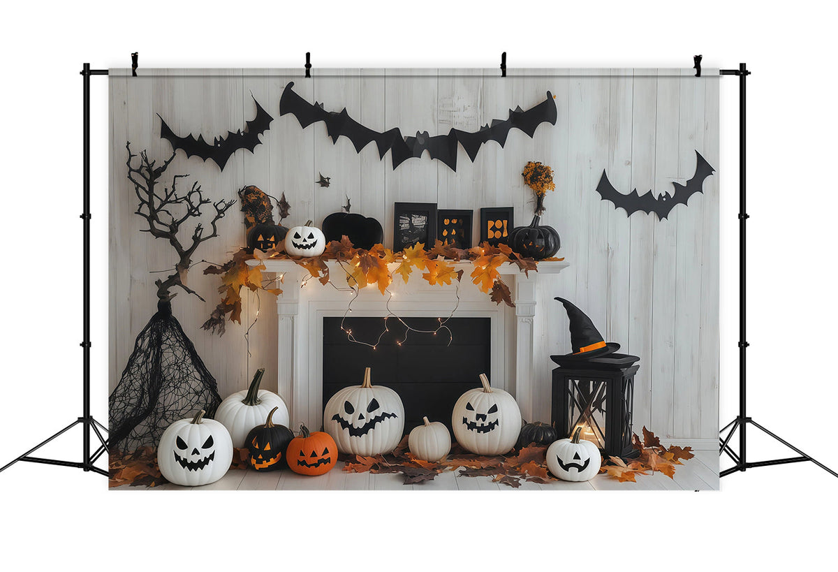 Décor De Cheminée Avec Citrouille Blanche Et Chauve-SourisToile De Fond Personnalisée Pour Halloween RR67-179
