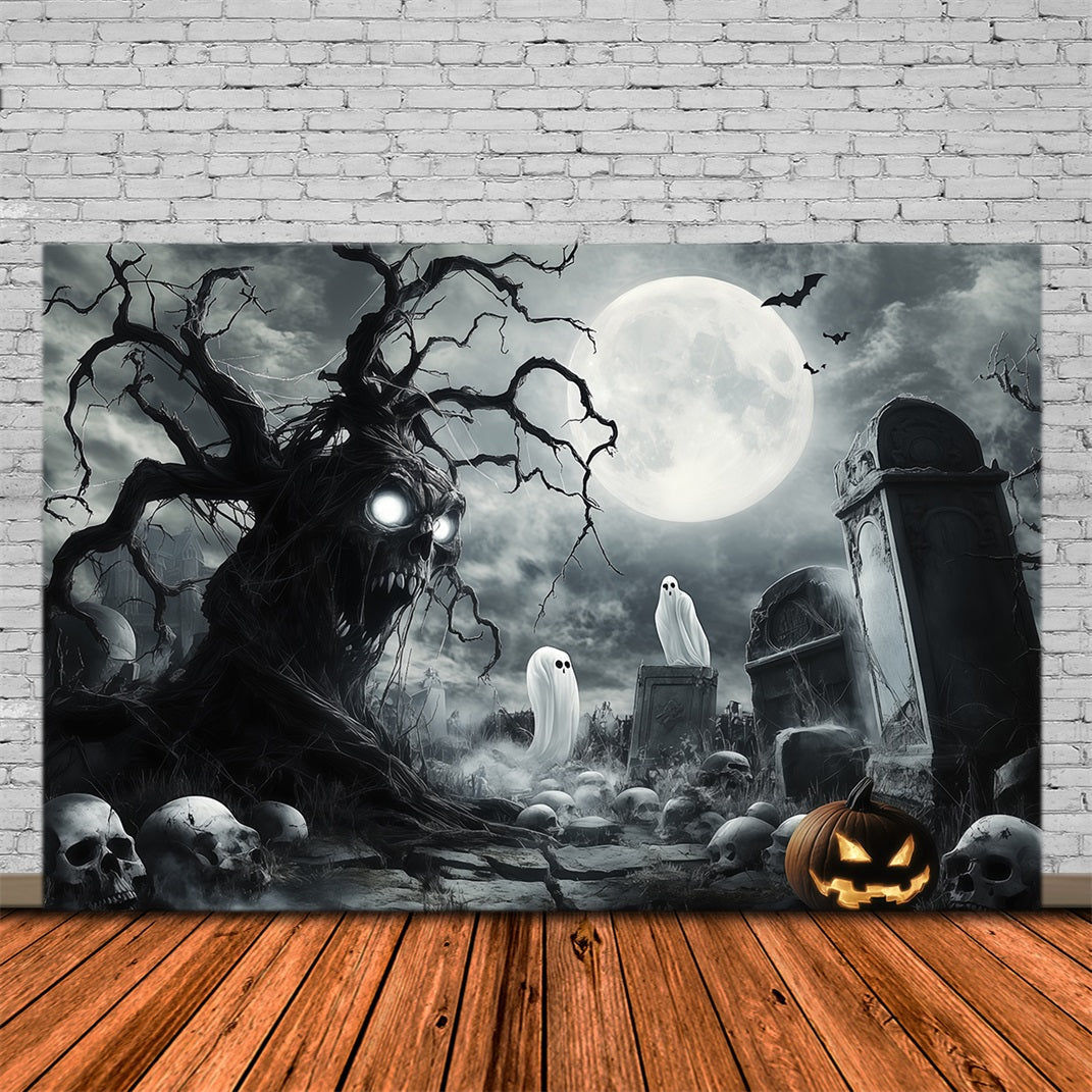 Décor De Cimetière Effrayant Pour Halloween Avec Crâne Fantomatique Et Arbre RR67-18