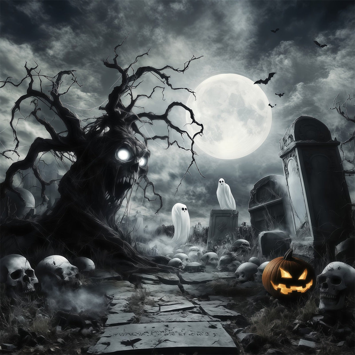 Décor De Cimetière Effrayant Pour Halloween Avec Crâne Fantomatique Et Arbre RR67-18