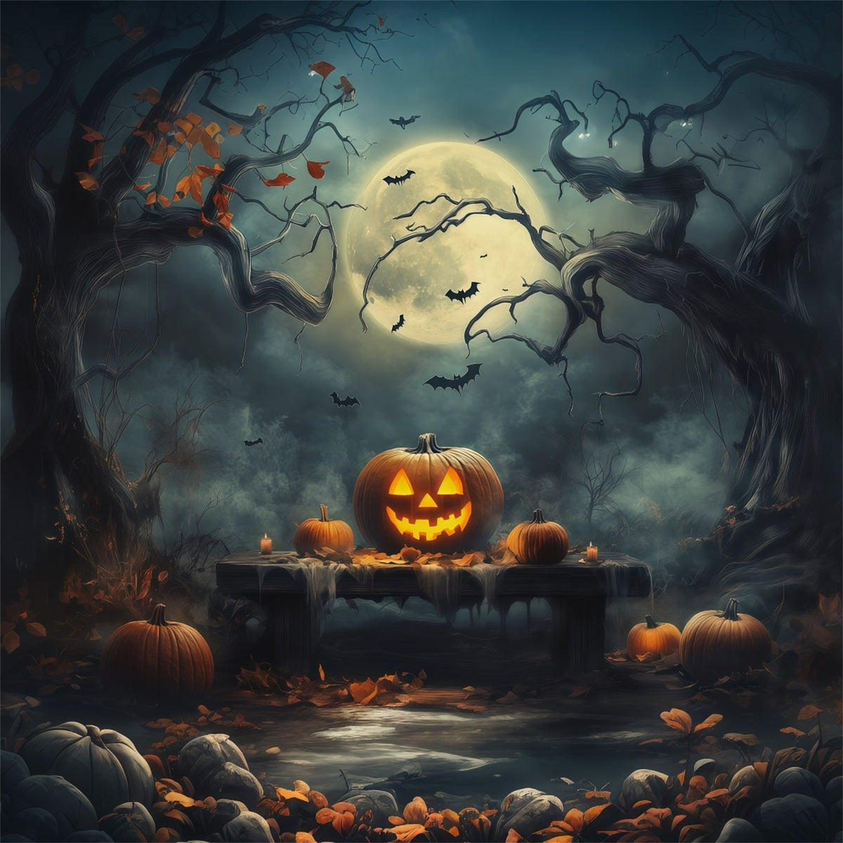 Décor D'Halloween Avec CitrouillesForêt Au Clair De LuneTable PhotomatonIdées De Décor D'Halloween RR67-180