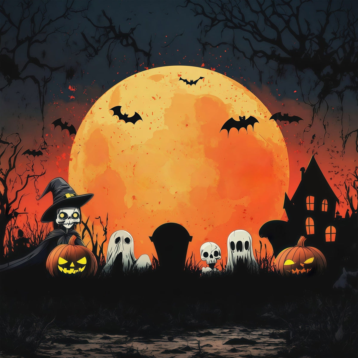 Fond Photo Halloween Lune Fantôme Rassemblement Fête D'Halloween RR67-20
