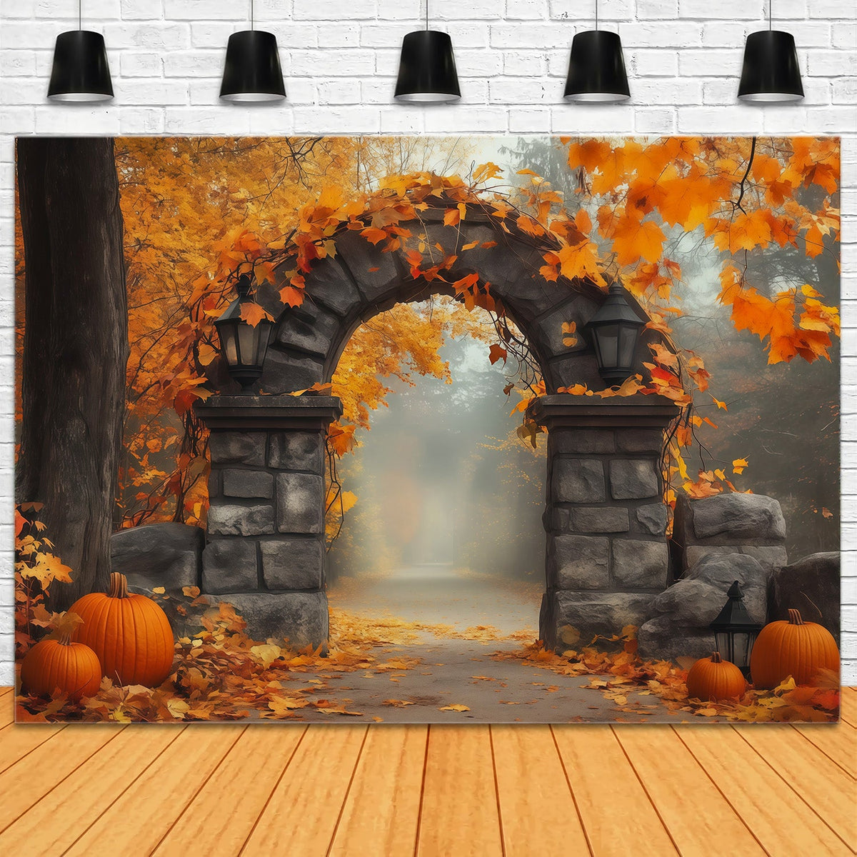 Décor D'Automne Avec Citrouilles Et Feuilles Portail En Pierre Toile De Fond Pour Photographie Halloween RR67-200