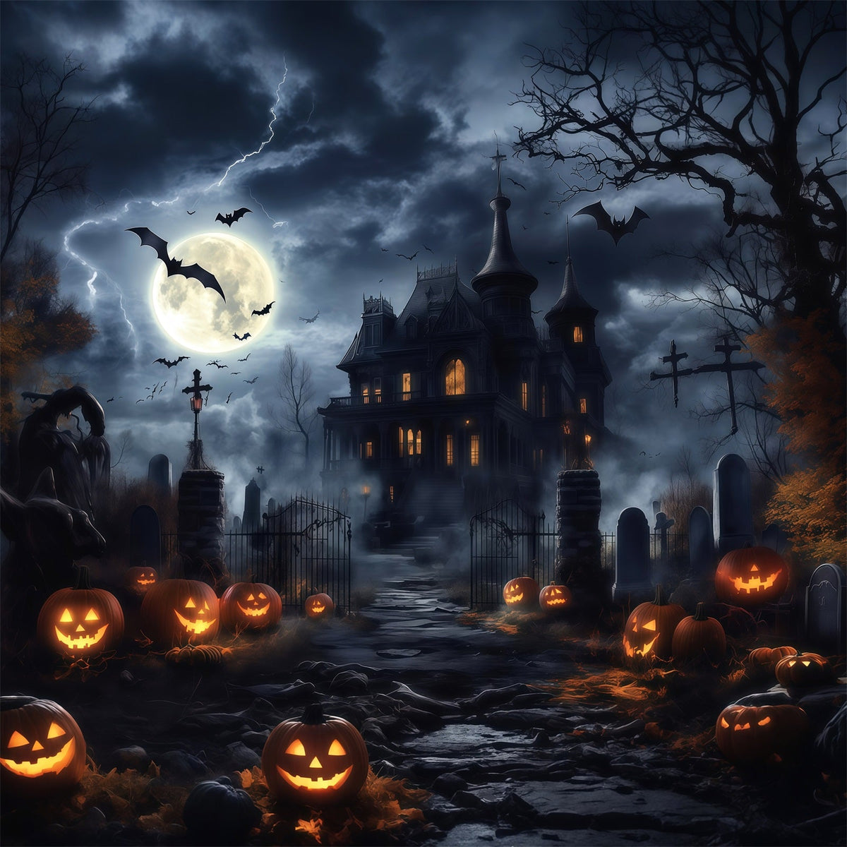 Décor D'Halloween Effrayant Manoir Orageux Cimetière De Citrouilles Décors D'Halloween Effrayants RR67-24