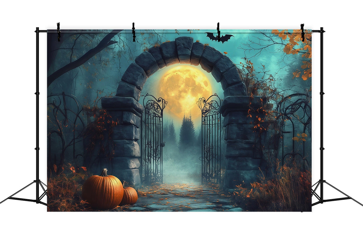 Arche D'Halloween En Toile De Fond Portail En Pierre Au Clair De Lune Citrouilles Grands Décors D'Halloween RR67-33