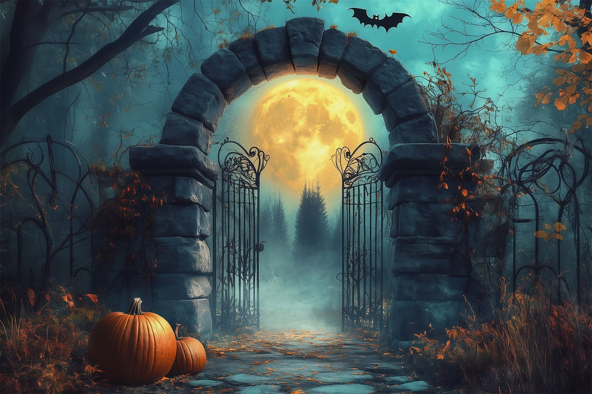Arche D'Halloween En Toile De Fond Portail En Pierre Au Clair De Lune Citrouilles Grands Décors D'Halloween RR67-33