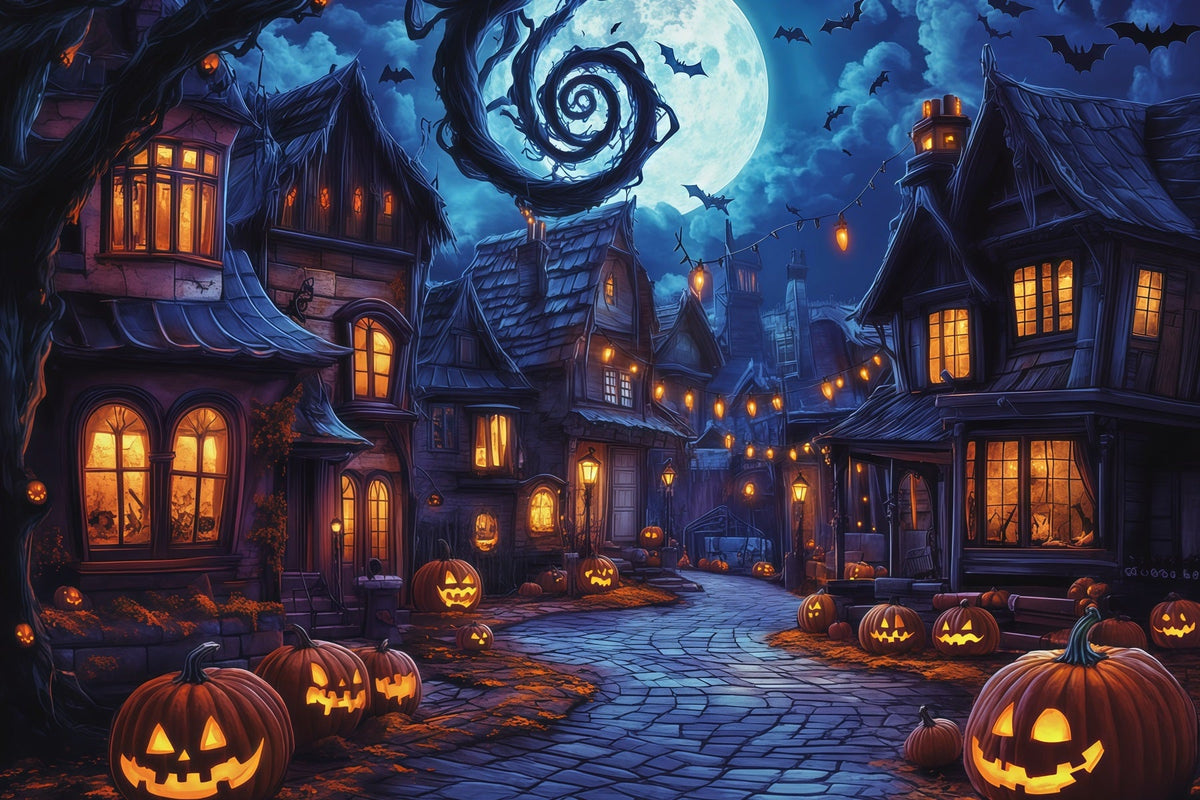 Décors Photographiques D'Halloween Village HantéRue Des Citrouilles Décor De Ville D'Halloween RR67-37