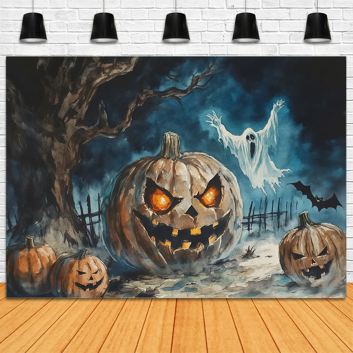 Décor Photographique D'Halloween Aquarelle Citrouille Fantôme ArbreDécor Effrayant RR67-42